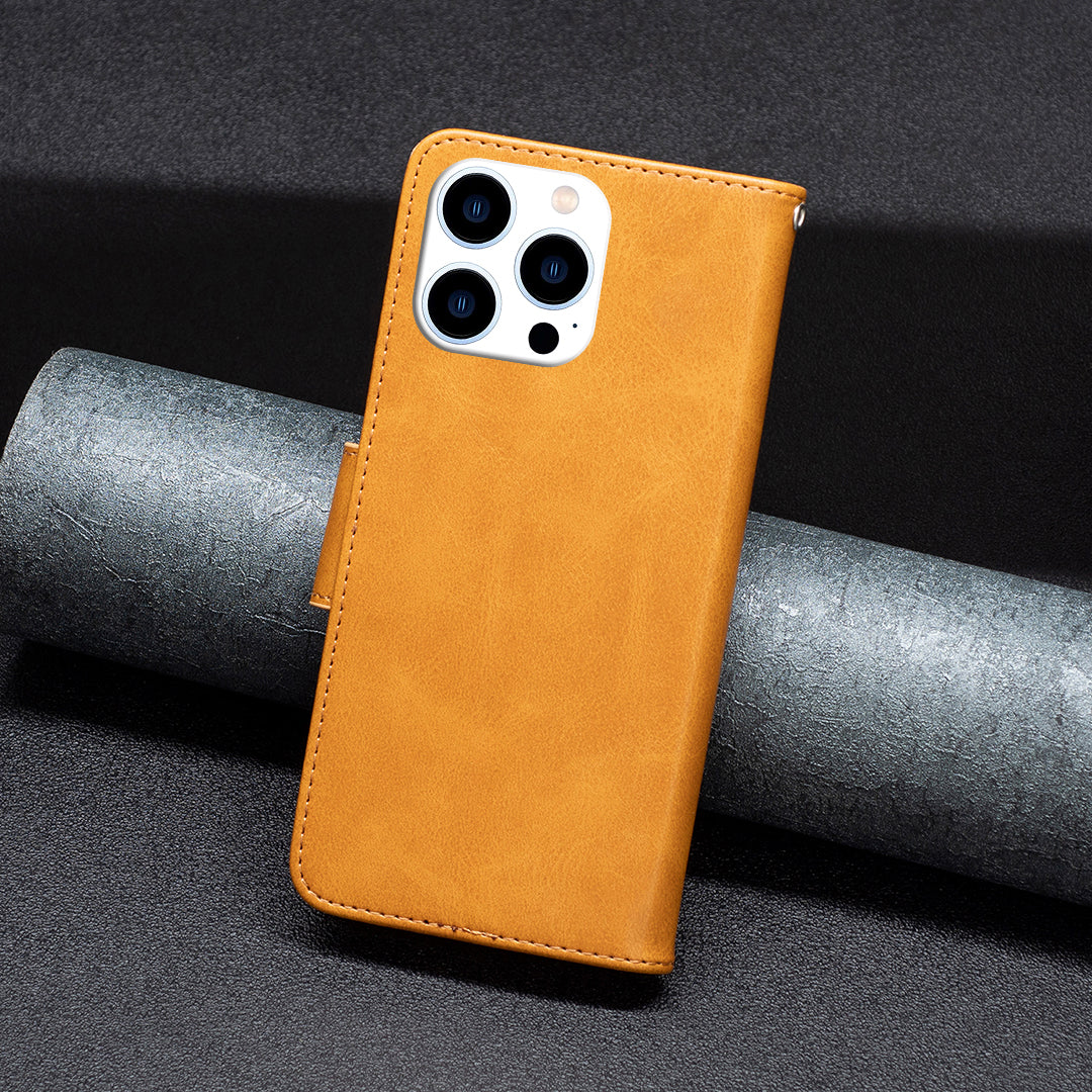 Uniqkart for iPhone 15 Pro Solid Color Phone Stand Case Shockproof Fine Textured PU Leather Wallet Cover - Yellow Uniqkart for iPhone 15 Pro Solid Color Phone Stand Case Shockproof Fine Textured PU Leather Wallet Cover - Yellow